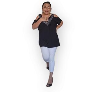 Black Cold Shoulder Top with White Leggings